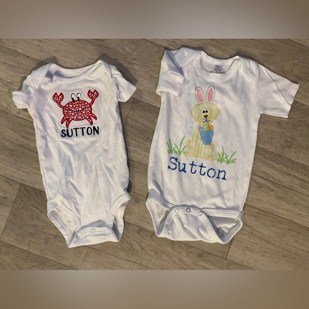 Baby custom Sutton name onesies crab embroidery dog Easter 6m 6-12m